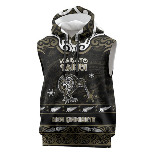 Personalised Waikato Tainui Aotearoa Meri Kirihimete Sleeveless Hoodie Maori Kiwi Bird Silver Fern Koru Pattern