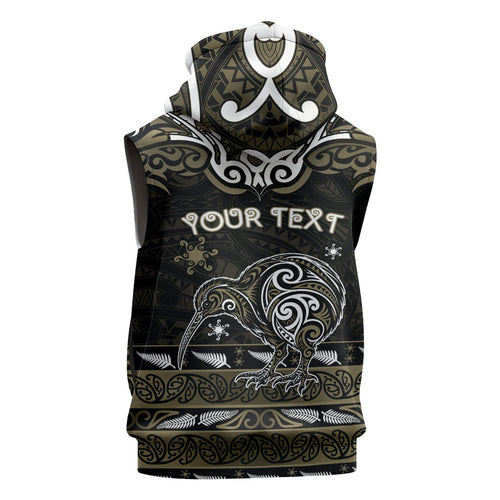 Personalised Waikato Tainui Aotearoa Meri Kirihimete Sleeveless Hoodie Maori Kiwi Bird Silver Fern Koru Pattern