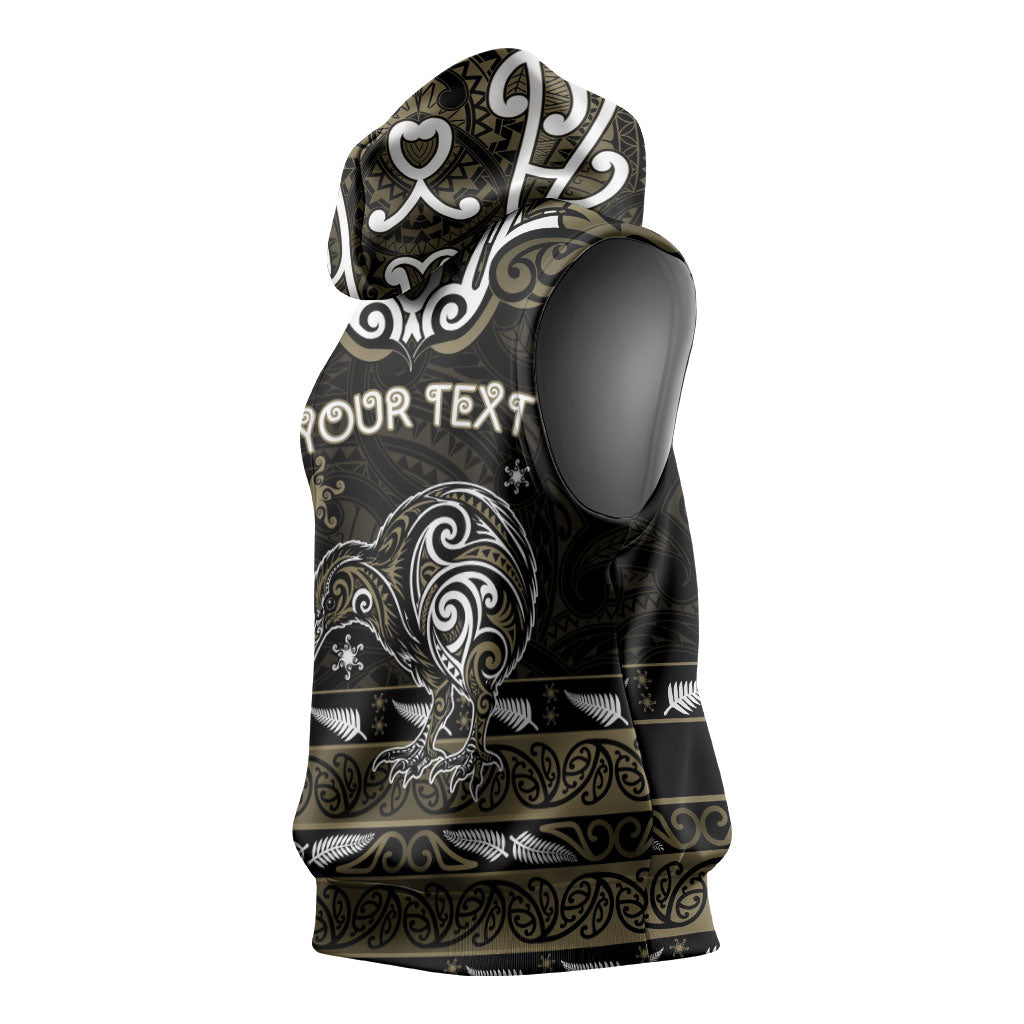 Personalised Waikato Tainui Aotearoa Meri Kirihimete Sleeveless Hoodie Maori Kiwi Bird Silver Fern Koru Pattern