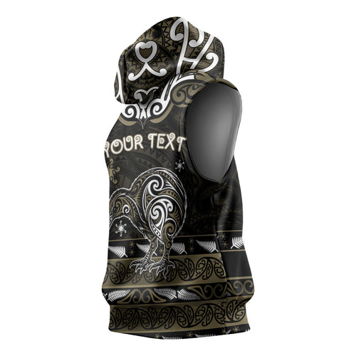 Personalised Waikato Tainui Aotearoa Meri Kirihimete Sleeveless Hoodie Maori Kiwi Bird Silver Fern Koru Pattern