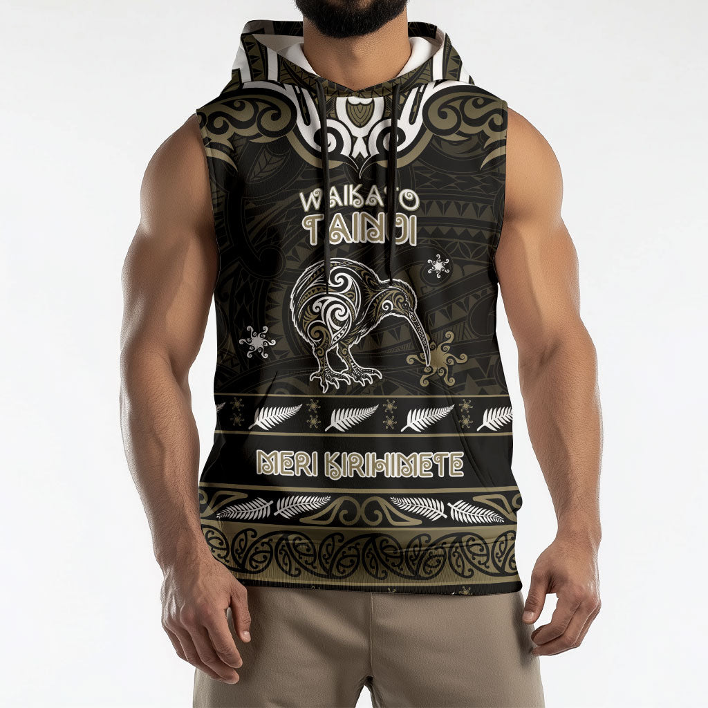 Personalised Waikato Tainui Aotearoa Meri Kirihimete Sleeveless Hoodie Maori Kiwi Bird Silver Fern Koru Pattern