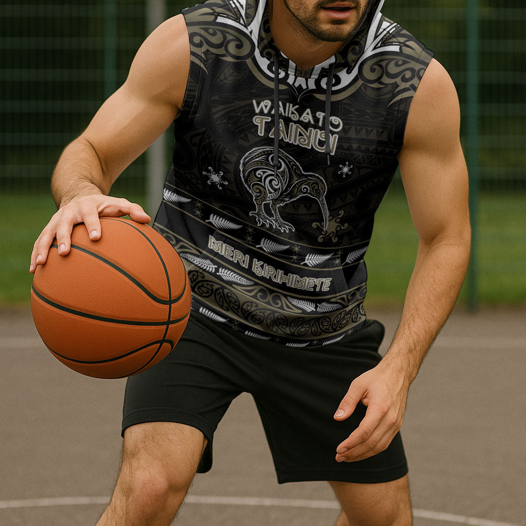 Personalised Waikato Tainui Aotearoa Meri Kirihimete Sleeveless Hoodie Maori Kiwi Bird Silver Fern Koru Pattern