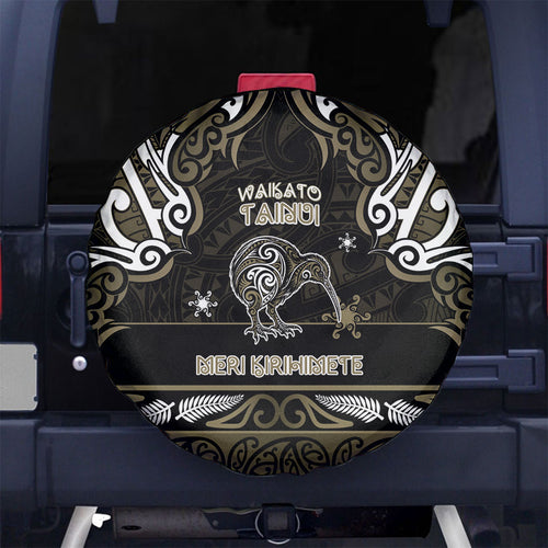 Waikato Tainui Aotearoa Meri Kirihimete Spare Tire Cover Maori Kiwi Bird Silver Fern Koru Pattern