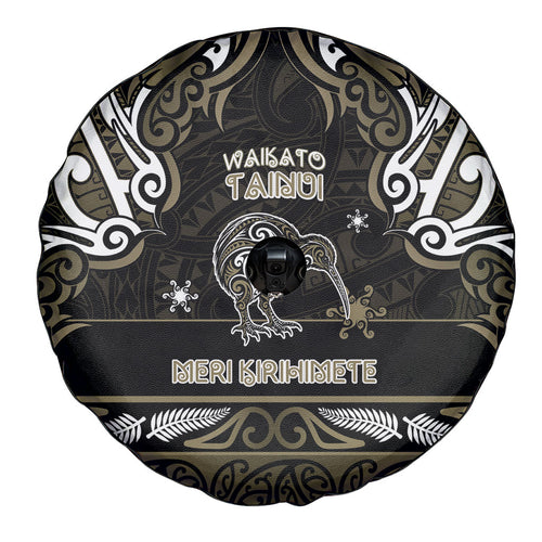 Waikato Tainui Aotearoa Meri Kirihimete Spare Tire Cover Maori Kiwi Bird Silver Fern Koru Pattern