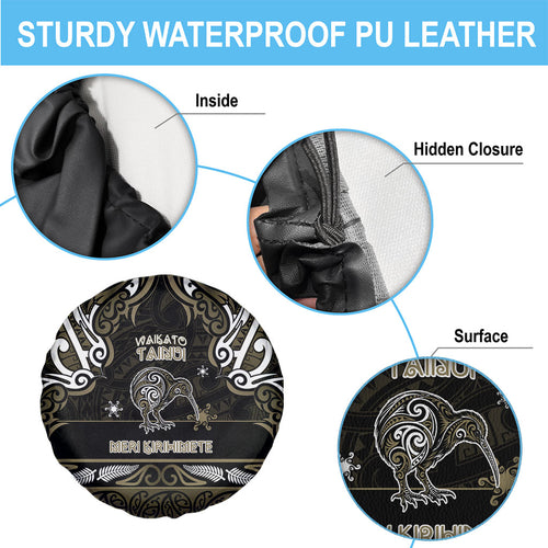 Waikato Tainui Aotearoa Meri Kirihimete Spare Tire Cover Maori Kiwi Bird Silver Fern Koru Pattern