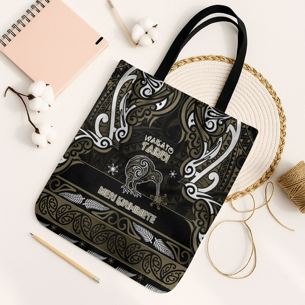 Waikato Tainui Aotearoa Meri Kirihimete Tote Bag Maori Kiwi Bird Silver Fern Koru Pattern