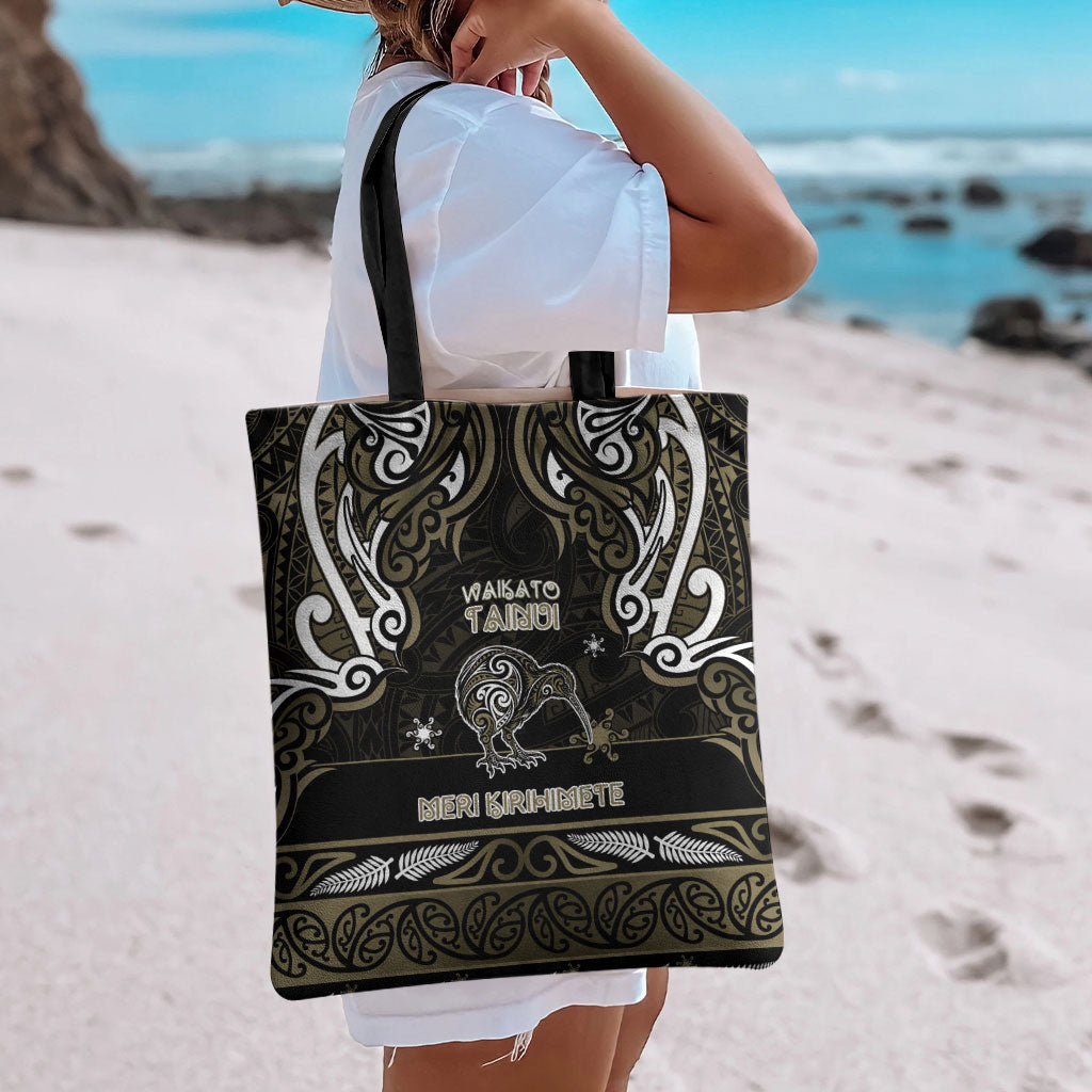 Waikato Tainui Aotearoa Meri Kirihimete Tote Bag Maori Kiwi Bird Silver Fern Koru Pattern
