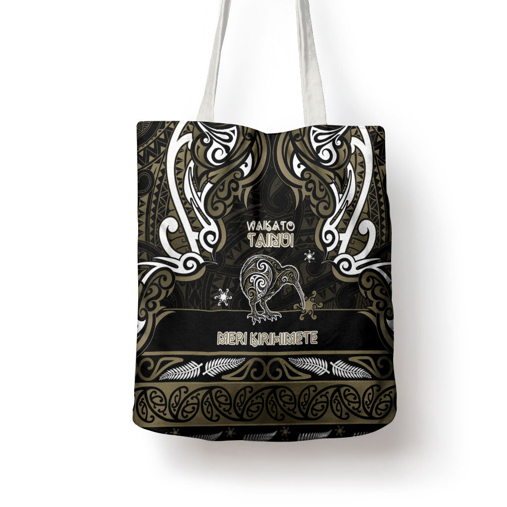 Waikato Tainui Aotearoa Meri Kirihimete Tote Bag Maori Kiwi Bird Silver Fern Koru Pattern