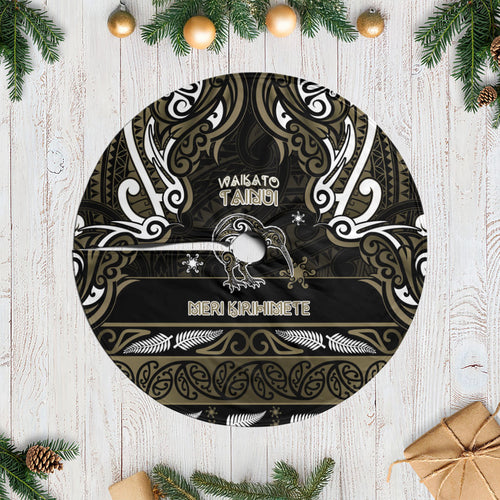 Waikato Tainui Aotearoa Meri Kirihimete Tree Skirt Maori Kiwi Bird Silver Fern Koru Pattern