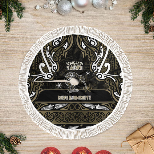 Waikato Tainui Aotearoa Meri Kirihimete Tree Skirt Maori Kiwi Bird Silver Fern Koru Pattern