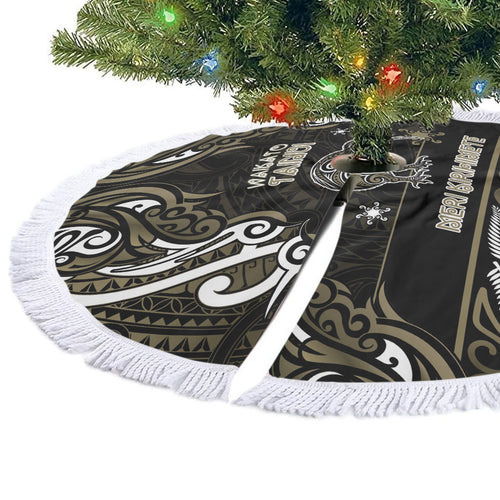 Waikato Tainui Aotearoa Meri Kirihimete Tree Skirt Maori Kiwi Bird Silver Fern Koru Pattern