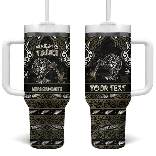 Personalised Waikato Tainui Aotearoa Meri Kirihimete Tumbler With Handle Maori Kiwi Bird Silver Fern Koru Pattern