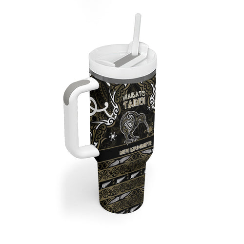 Personalised Waikato Tainui Aotearoa Meri Kirihimete Tumbler With Handle Maori Kiwi Bird Silver Fern Koru Pattern