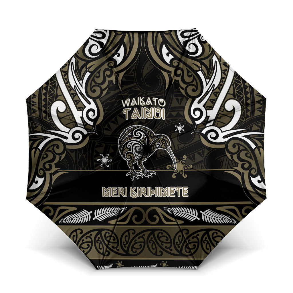 Waikato Tainui Aotearoa Meri Kirihimete Umbrella Maori Kiwi Bird Silver Fern Koru Pattern