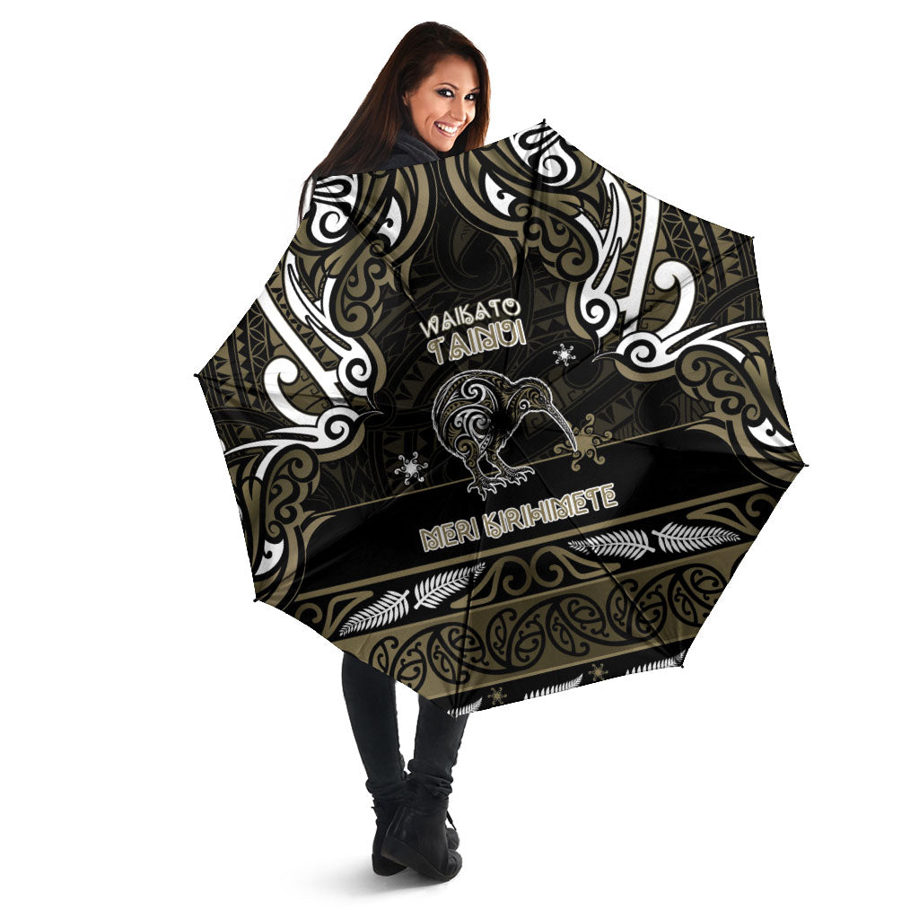 Waikato Tainui Aotearoa Meri Kirihimete Umbrella Maori Kiwi Bird Silver Fern Koru Pattern