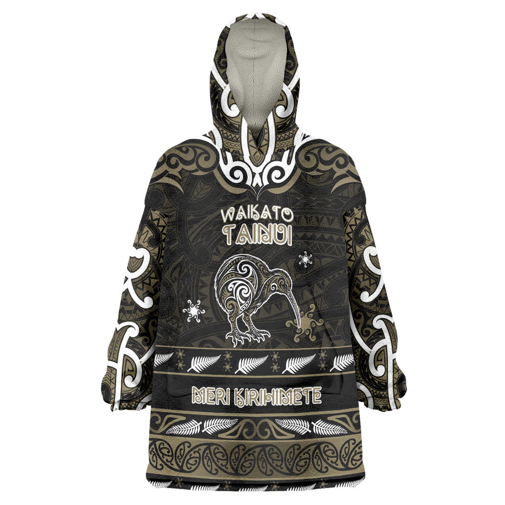 Personalised Waikato Tainui Aotearoa Meri Kirihimete Wearable Blanket Hoodie Maori Kiwi Bird Silver Fern Koru Pattern