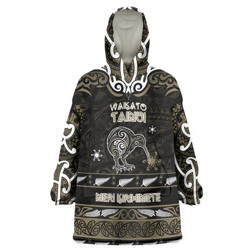 Personalised Waikato Tainui Aotearoa Meri Kirihimete Wearable Blanket Hoodie Maori Kiwi Bird Silver Fern Koru Pattern