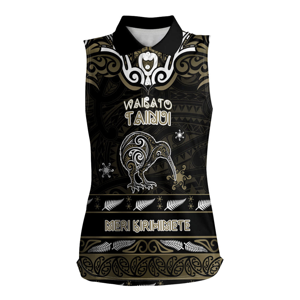 Personalised Waikato Tainui Aotearoa Meri Kirihimete Women Sleeveless Polo Shirt Maori Kiwi Bird Silver Fern Koru Pattern