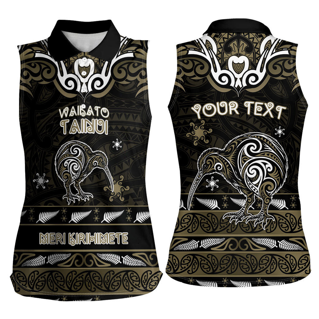 Personalised Waikato Tainui Aotearoa Meri Kirihimete Women Sleeveless Polo Shirt Maori Kiwi Bird Silver Fern Koru Pattern