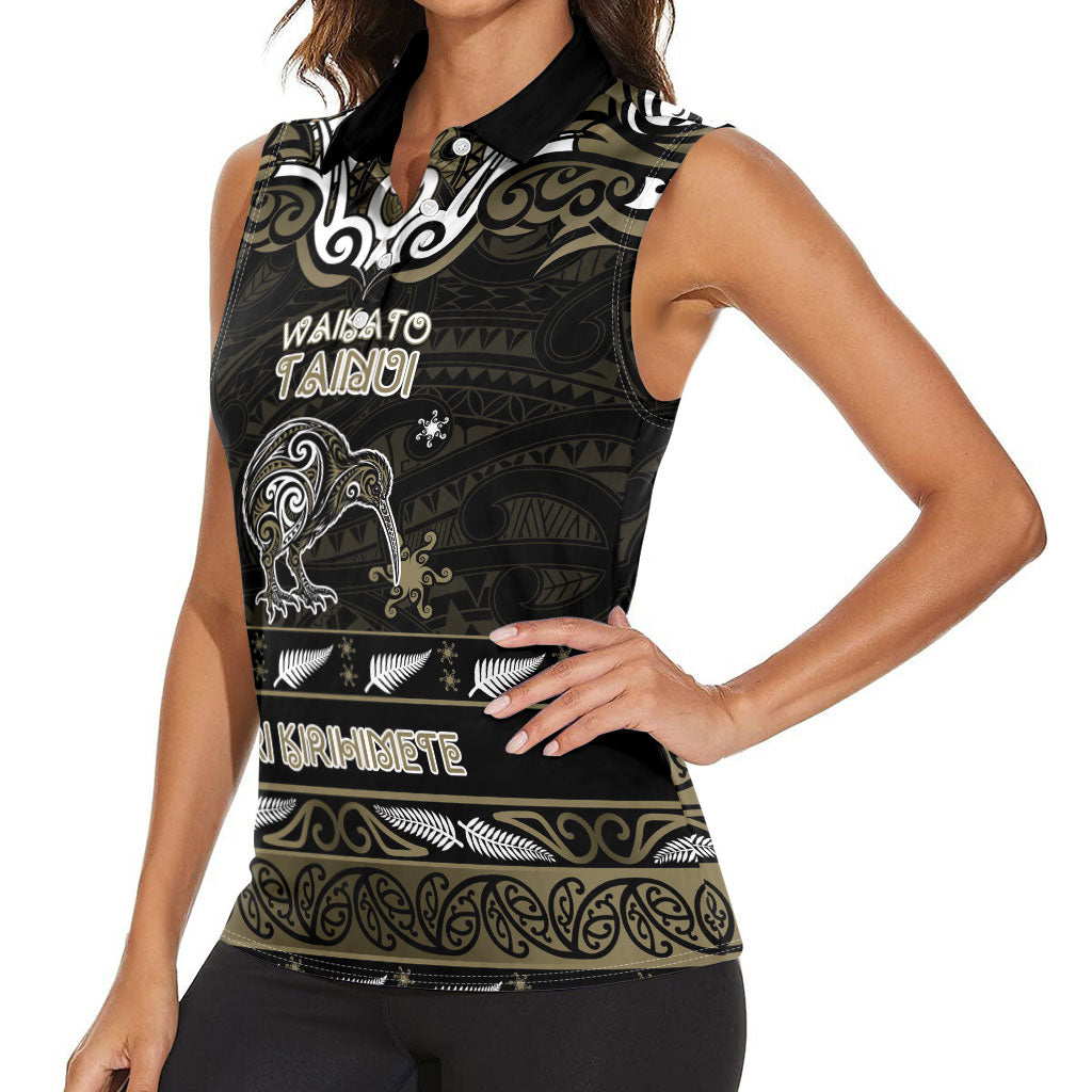 Personalised Waikato Tainui Aotearoa Meri Kirihimete Women Sleeveless Polo Shirt Maori Kiwi Bird Silver Fern Koru Pattern