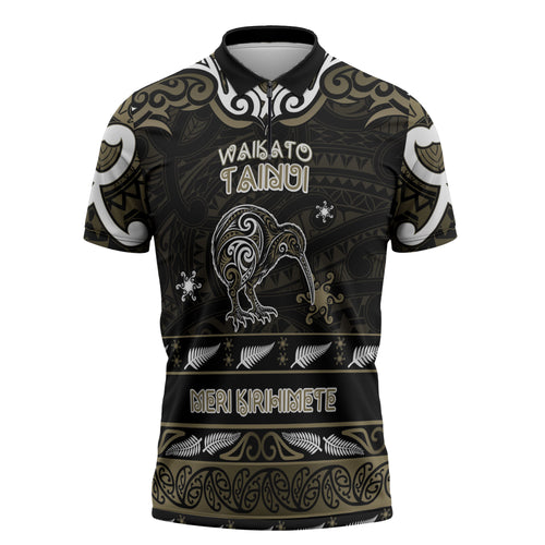 Personalised Waikato Tainui Aotearoa Meri Kirihimete Zipper Polo Shirt Maori Kiwi Bird Silver Fern Koru Pattern