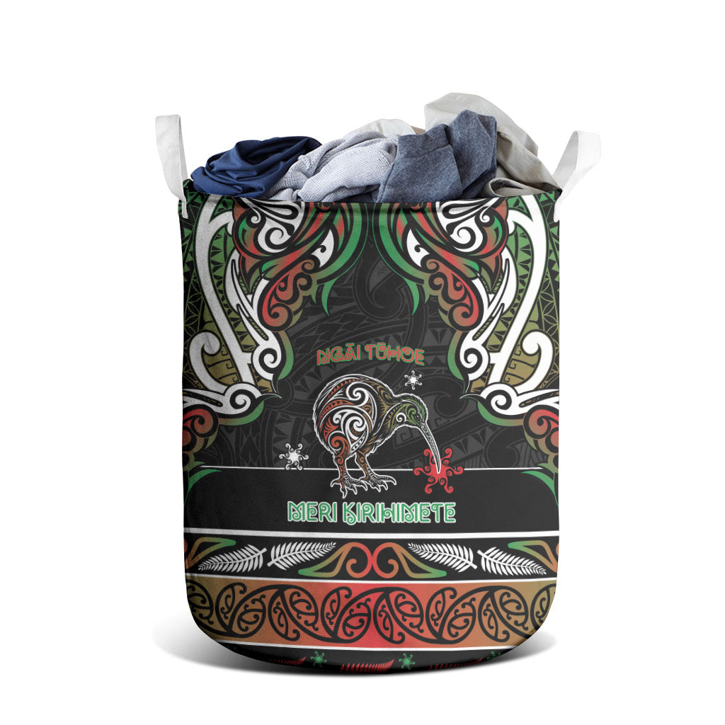Ngai Tuhoe Aotearoa Meri Kirihimete Laundry Basket Maori Kiwi Bird Silver Fern Koru Pattern