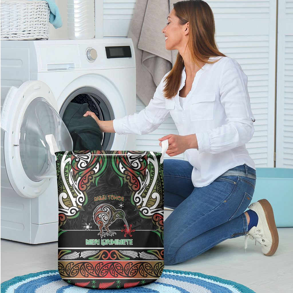 Ngai Tuhoe Aotearoa Meri Kirihimete Laundry Basket Maori Kiwi Bird Silver Fern Koru Pattern
