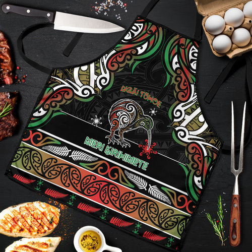 Ngai Tuhoe Aotearoa Meri Kirihimete Apron Maori Kiwi Bird Silver Fern Koru Pattern