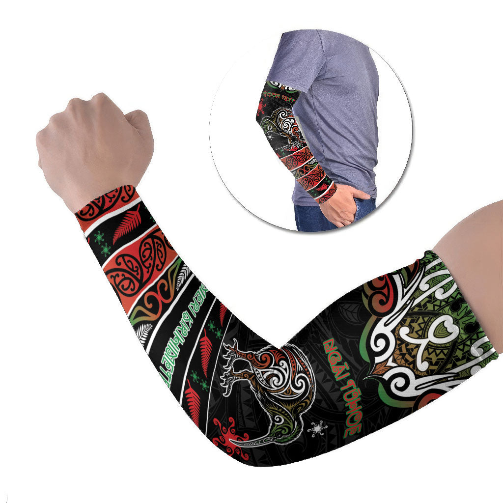 Personalised Ngai Tuhoe Aotearoa Meri Kirihimete Arm Sleeves Maori Kiwi Bird Silver Fern Koru Pattern