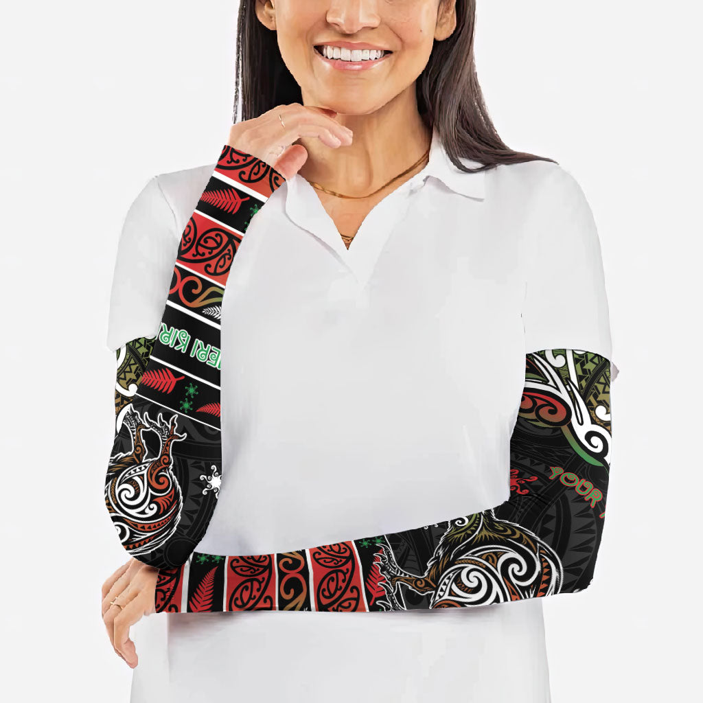 Personalised Ngai Tuhoe Aotearoa Meri Kirihimete Arm Sleeves Maori Kiwi Bird Silver Fern Koru Pattern