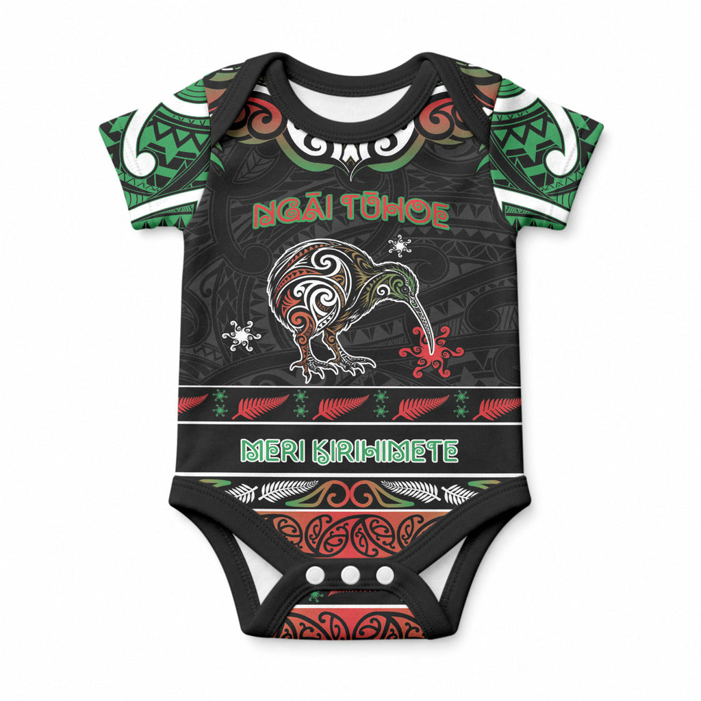 Personalised Ngai Tuhoe Aotearoa Meri Kirihimete Baby Onesie Maori Kiwi Bird Silver Fern Koru Pattern