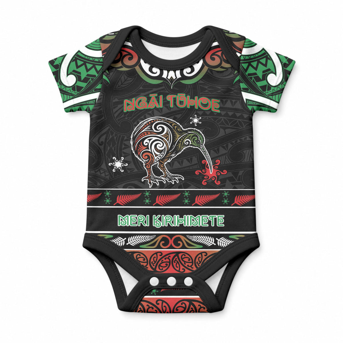 Personalised Ngai Tuhoe Aotearoa Meri Kirihimete Baby Onesie Maori Kiwi Bird Silver Fern Koru Pattern