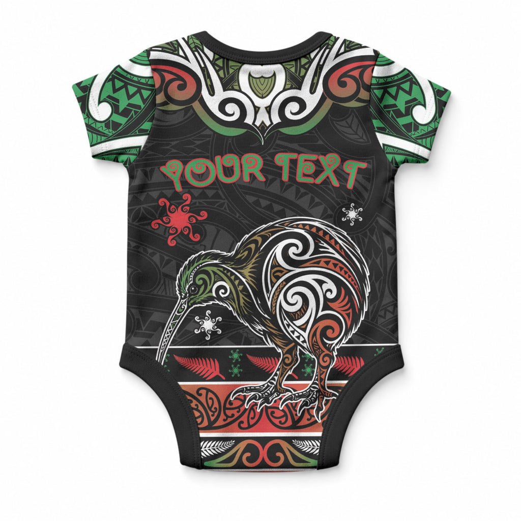 Personalised Ngai Tuhoe Aotearoa Meri Kirihimete Baby Onesie Maori Kiwi Bird Silver Fern Koru Pattern