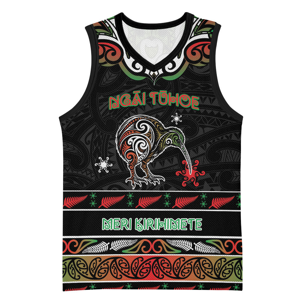 Personalised Ngai Tuhoe Aotearoa Meri Kirihimete Basketball Jersey Maori Kiwi Bird Silver Fern Koru Pattern