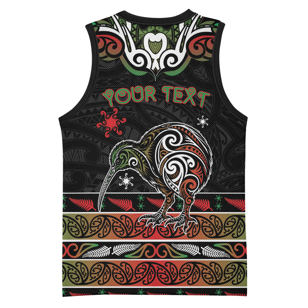 Personalised Ngai Tuhoe Aotearoa Meri Kirihimete Basketball Jersey Maori Kiwi Bird Silver Fern Koru Pattern