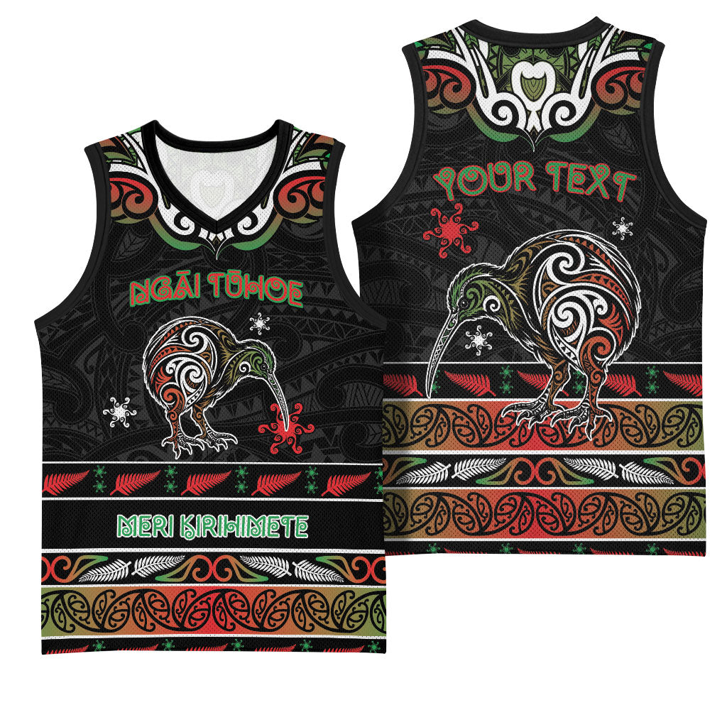 Personalised Ngai Tuhoe Aotearoa Meri Kirihimete Basketball Jersey Maori Kiwi Bird Silver Fern Koru Pattern