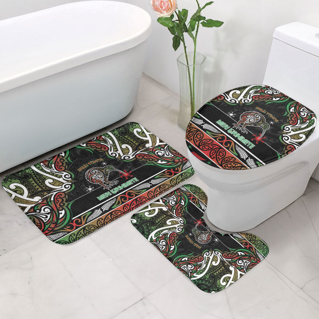 Ngai Tuhoe Aotearoa Meri Kirihimete Bathroom Set Maori Kiwi Bird Silver Fern Koru Pattern