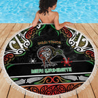 Ngai Tuhoe Aotearoa Meri Kirihimete Beach Blanket Maori Kiwi Bird Silver Fern Koru Pattern