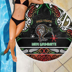 Ngai Tuhoe Aotearoa Meri Kirihimete Beach Blanket Maori Kiwi Bird Silver Fern Koru Pattern
