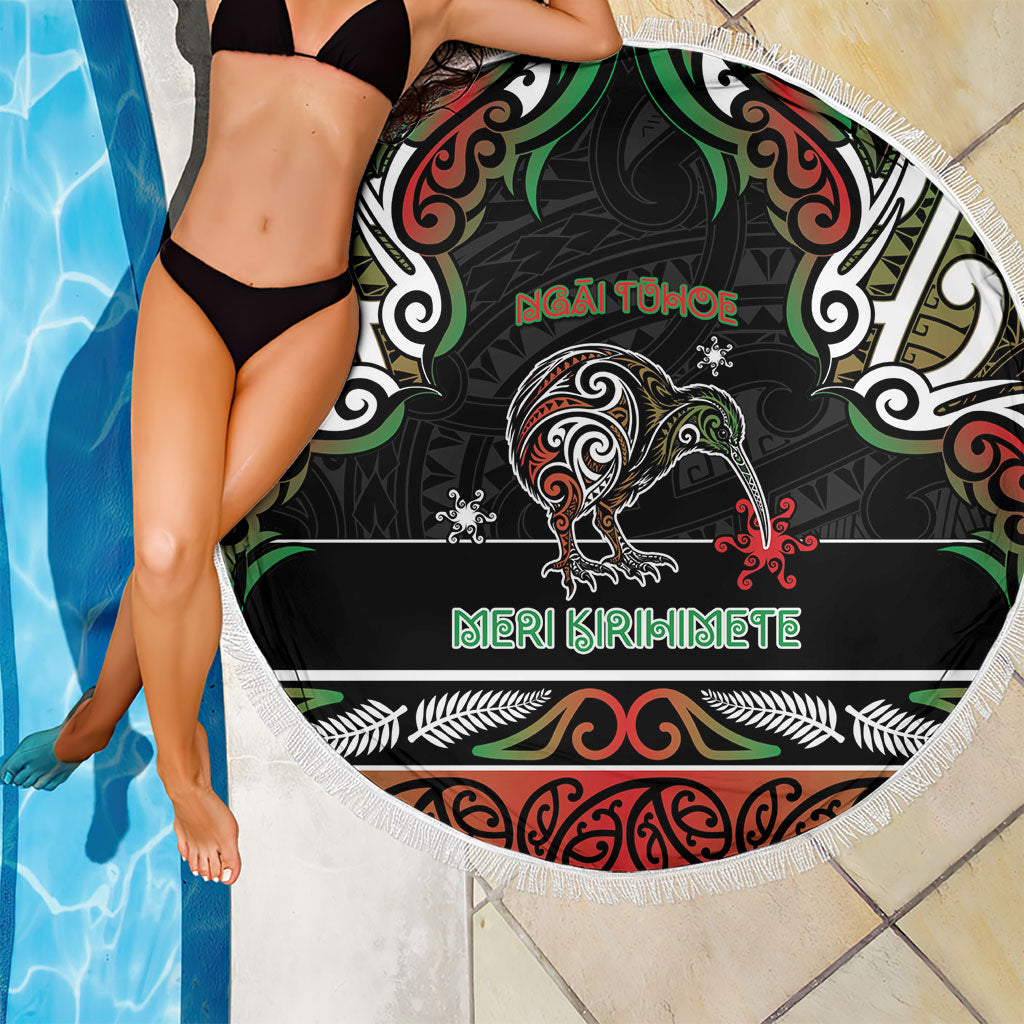 Ngai Tuhoe Aotearoa Meri Kirihimete Beach Blanket Maori Kiwi Bird Silver Fern Koru Pattern