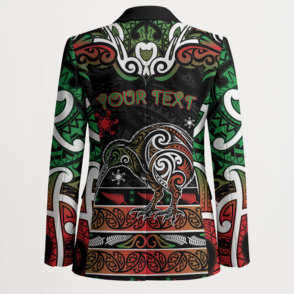 Personalised Ngai Tuhoe Aotearoa Meri Kirihimete Blazer Maori Kiwi Bird Silver Fern Koru Pattern