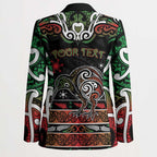 Personalised Ngai Tuhoe Aotearoa Meri Kirihimete Blazer Maori Kiwi Bird Silver Fern Koru Pattern