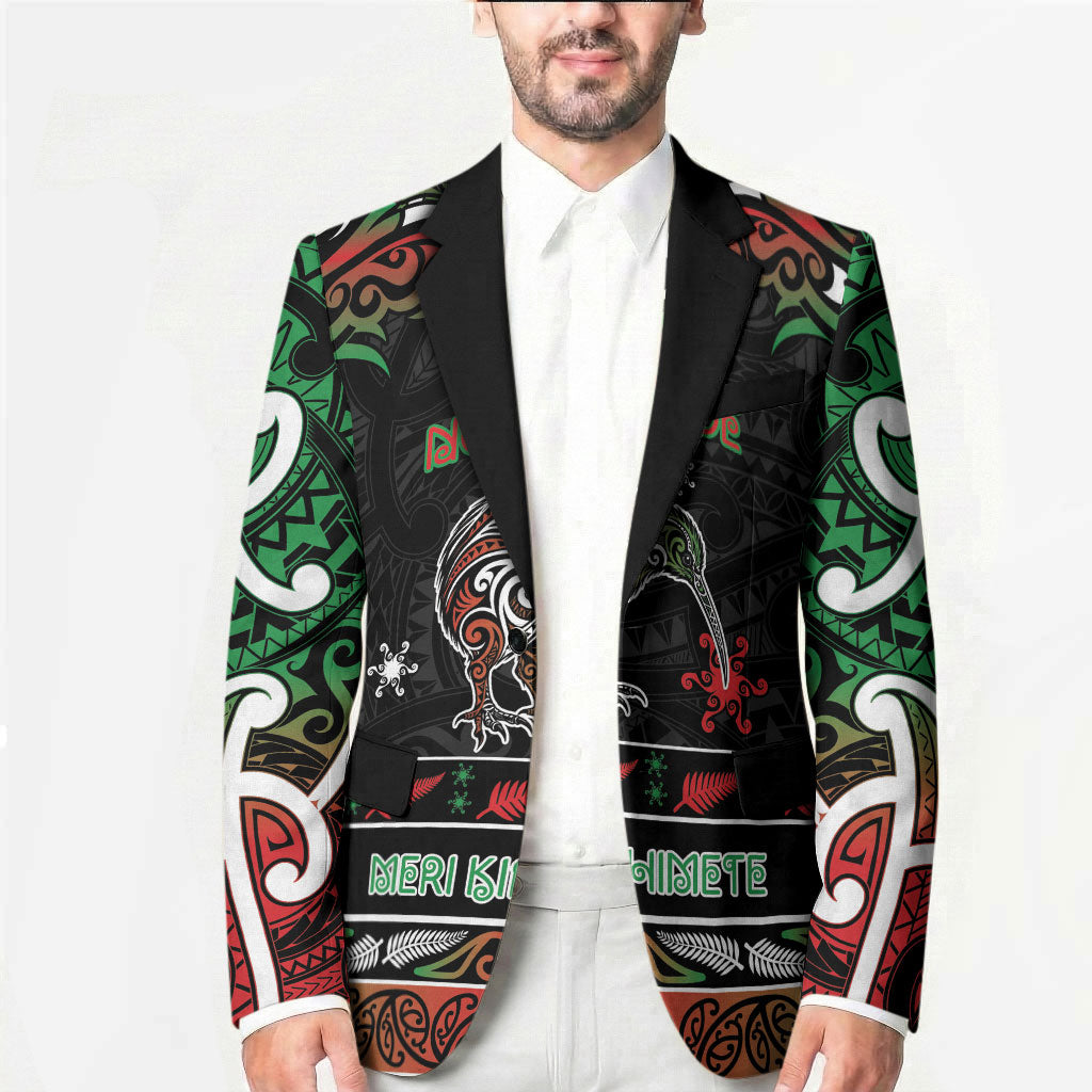 Personalised Ngai Tuhoe Aotearoa Meri Kirihimete Blazer Maori Kiwi Bird Silver Fern Koru Pattern