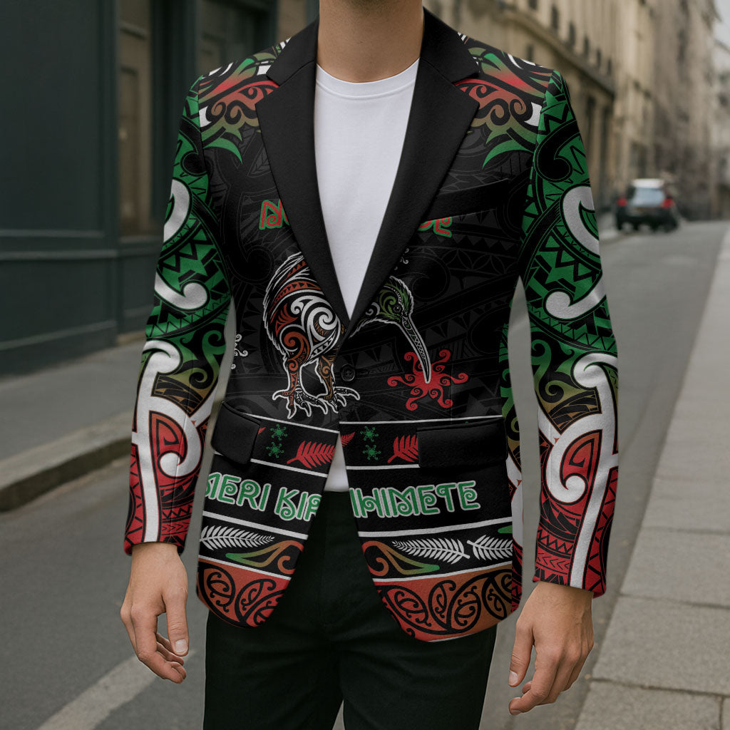 Personalised Ngai Tuhoe Aotearoa Meri Kirihimete Blazer Maori Kiwi Bird Silver Fern Koru Pattern