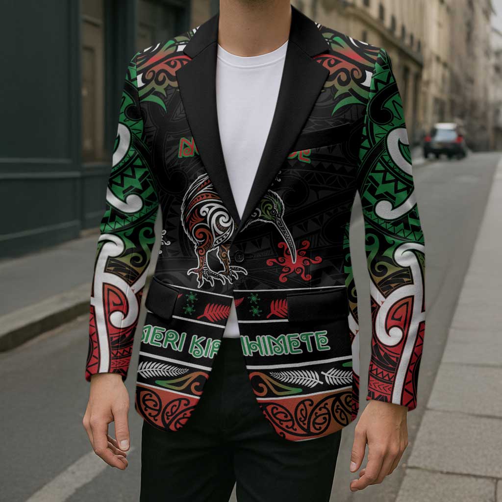 Personalised Ngai Tuhoe Aotearoa Meri Kirihimete Blazer Maori Kiwi Bird Silver Fern Koru Pattern