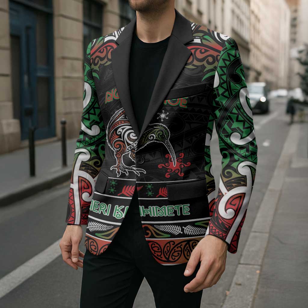 Personalised Ngai Tuhoe Aotearoa Meri Kirihimete Blazer Maori Kiwi Bird Silver Fern Koru Pattern