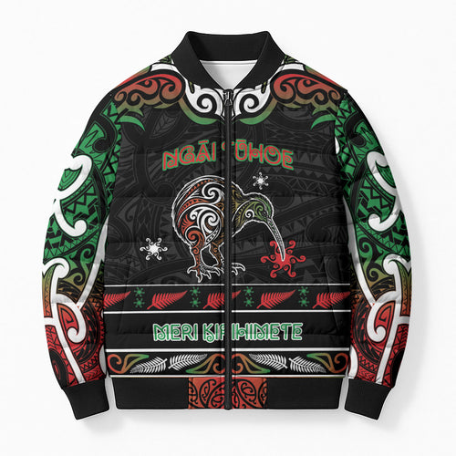 Personalised Ngai Tuhoe Aotearoa Meri Kirihimete Bomber Puffer Jacket Maori Kiwi Bird Silver Fern Koru Pattern