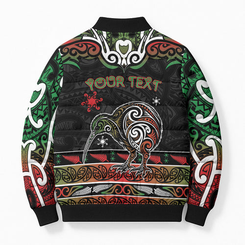 Personalised Ngai Tuhoe Aotearoa Meri Kirihimete Bomber Puffer Jacket Maori Kiwi Bird Silver Fern Koru Pattern