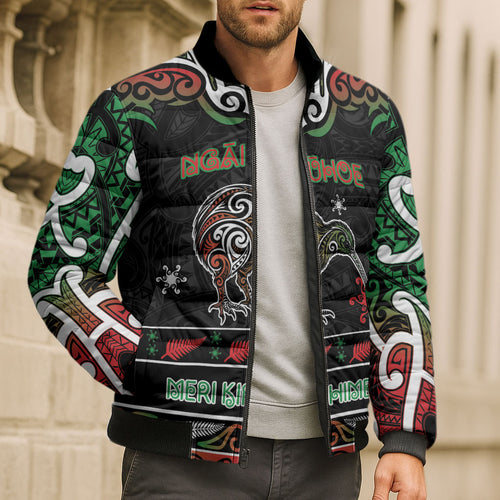 Personalised Ngai Tuhoe Aotearoa Meri Kirihimete Bomber Puffer Jacket Maori Kiwi Bird Silver Fern Koru Pattern