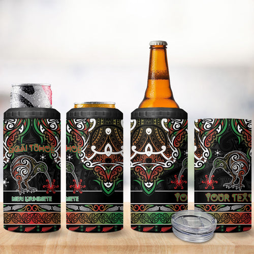 Personalised Ngai Tuhoe Aotearoa Meri Kirihimete 4 in 1 Can Cooler Tumbler Maori Kiwi Bird Silver Fern Koru Pattern